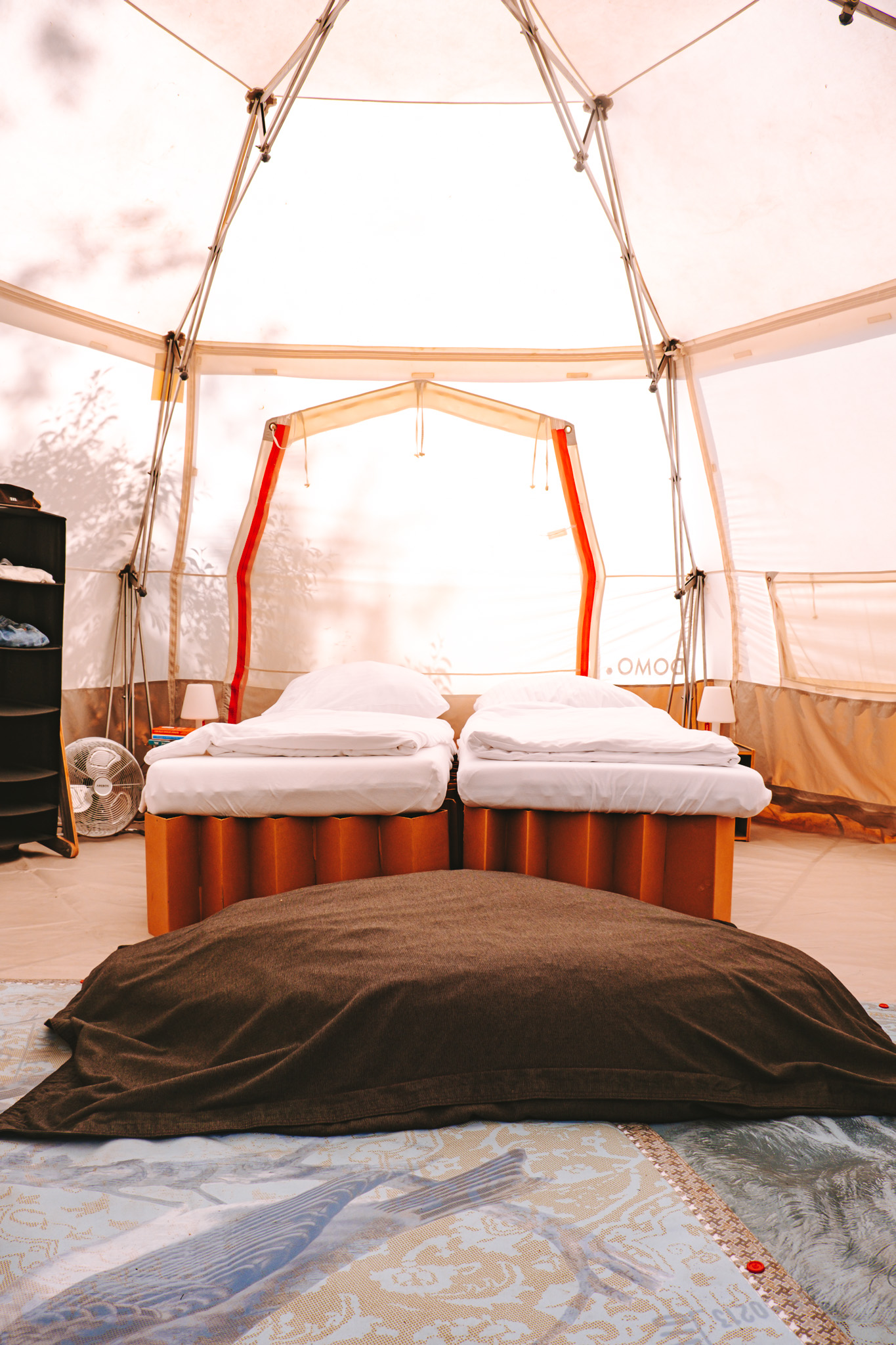 Domo tent interior with double sized bed